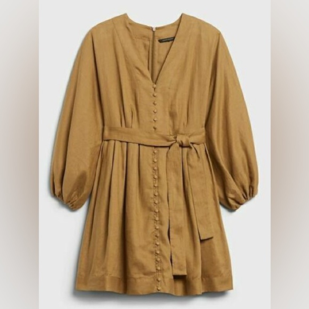 BANANA REPUBLIC 100% Linen Long Balloon Sleeve Mini Dress Tan Dry Mustard Size 6